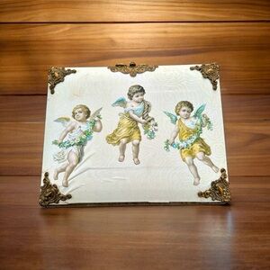 Antique Victorian Wood Leather Album Cherubs Ormolu Latch Accents Cabinet Cards